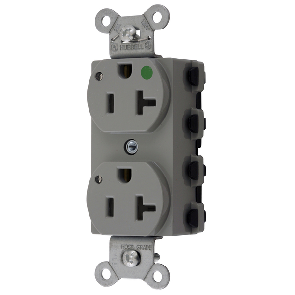 Hubbell Wiring Device-Kellems Straight Blade Devices, Receptacles, Duplex, SNAPConnect, Hospital Grade, LED Indicator, 20A 125V, 2-Pole 3-Wire Grounding, 5-20R, Nylon, Gray SNAP8300GYL